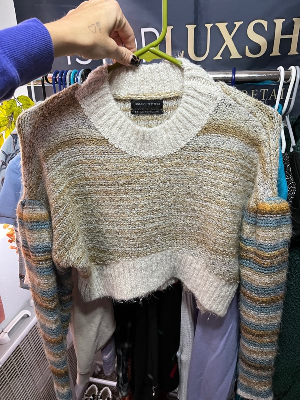 Urban Outfitters Cream Cropped Sweater with Blue & Tan Stripes